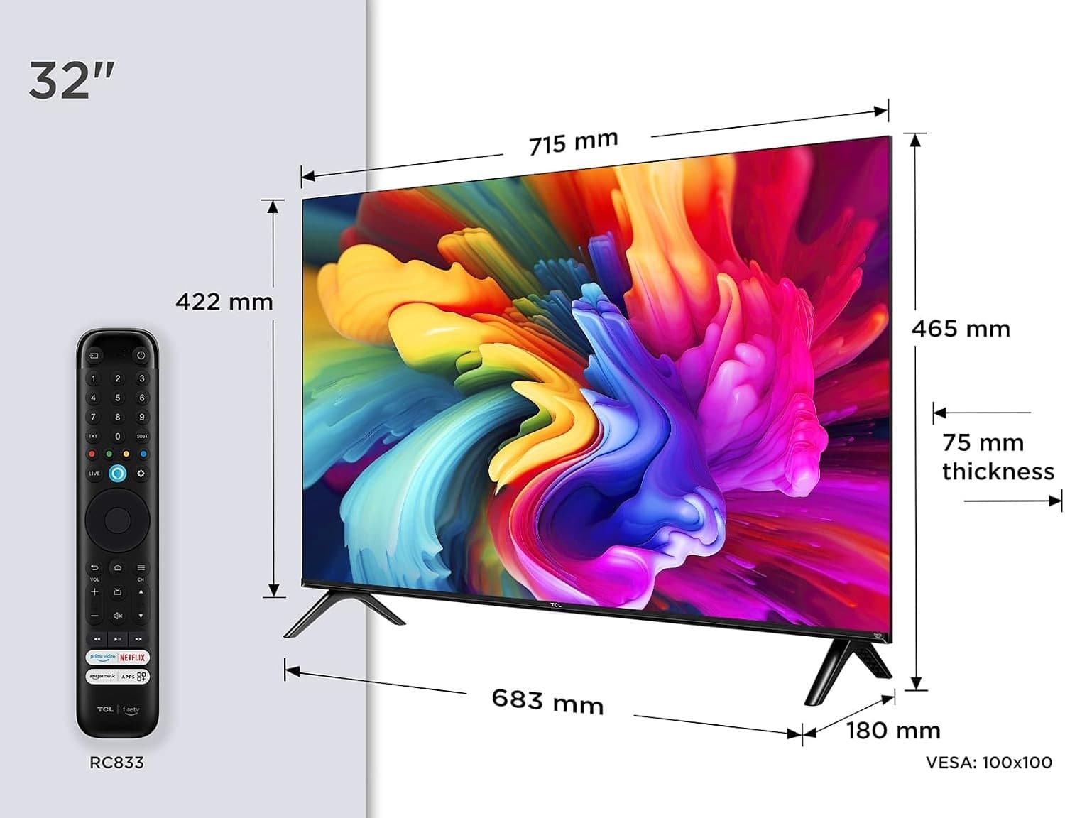 Dimensiones de la TV TCL 32 pulgadas: 715 x 465 x 75 mm